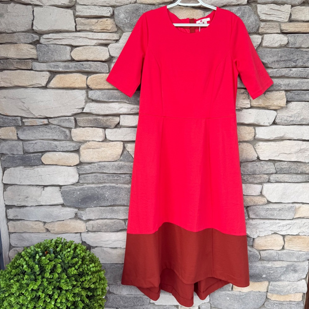 NWT Boden Wren Ponte Colorblock Midi Dress Pink Brown 12L Fall Wedding Guest
